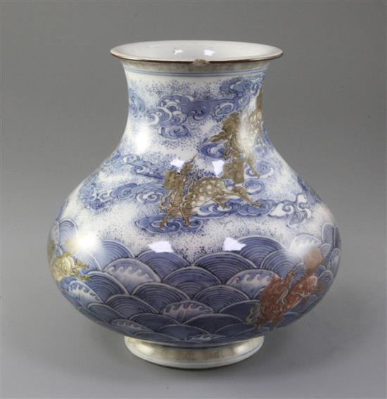 Makuzu Kozan - an early underglaze blue and copper red vase, Meiji period, height 18.5cm, rim chip